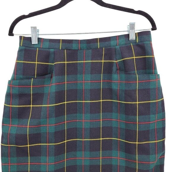 Vintage 80's Elizabeth Shelton Skirt Plaid Kidcore Academia Geek Pockets Green M - Picture 6 of 9